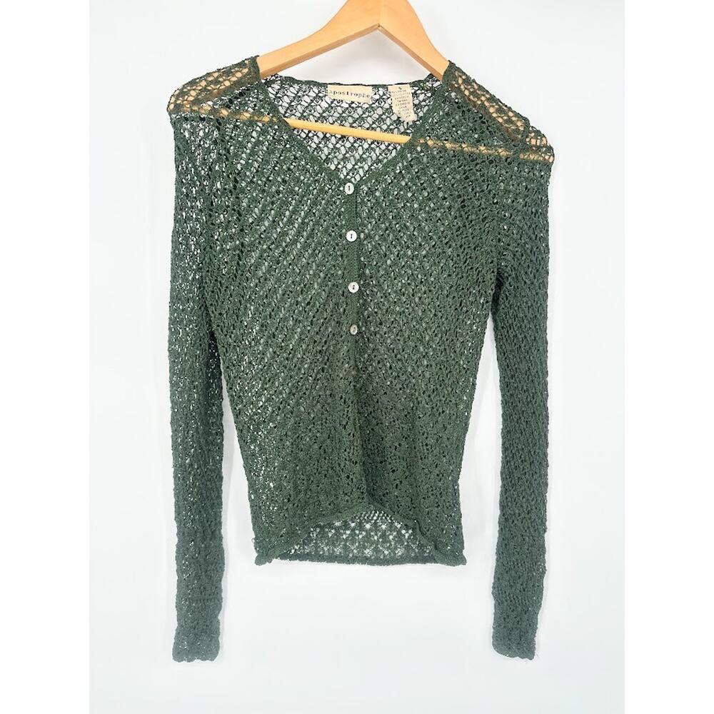 Vintage Apostrophe Y2K Mesh Knit‎ Cardigan Sweater S Green Forest Fairy Grunge